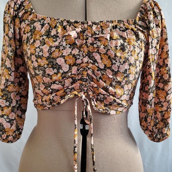 American Eagle Top Women's Small Orange Pink Smocked Crop Top Balloon Sleeve - Picture 1 of 7